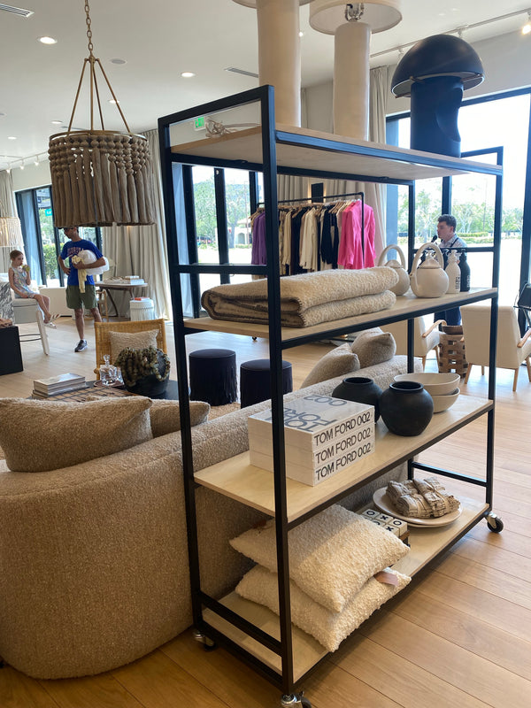 Black and Neutral Wood Rolling Shelving Unit