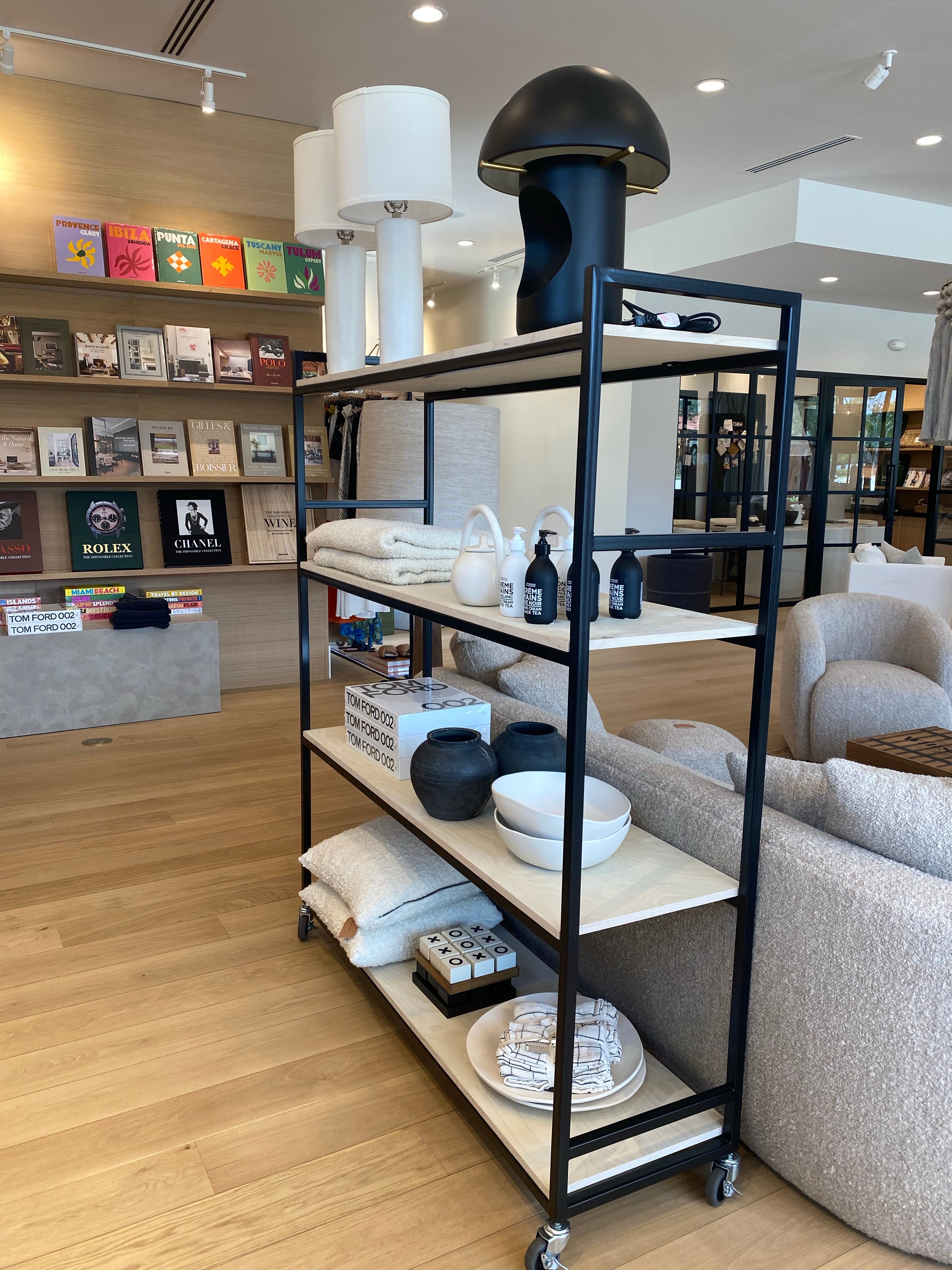 Black and Neutral Wood Rolling Shelving Unit