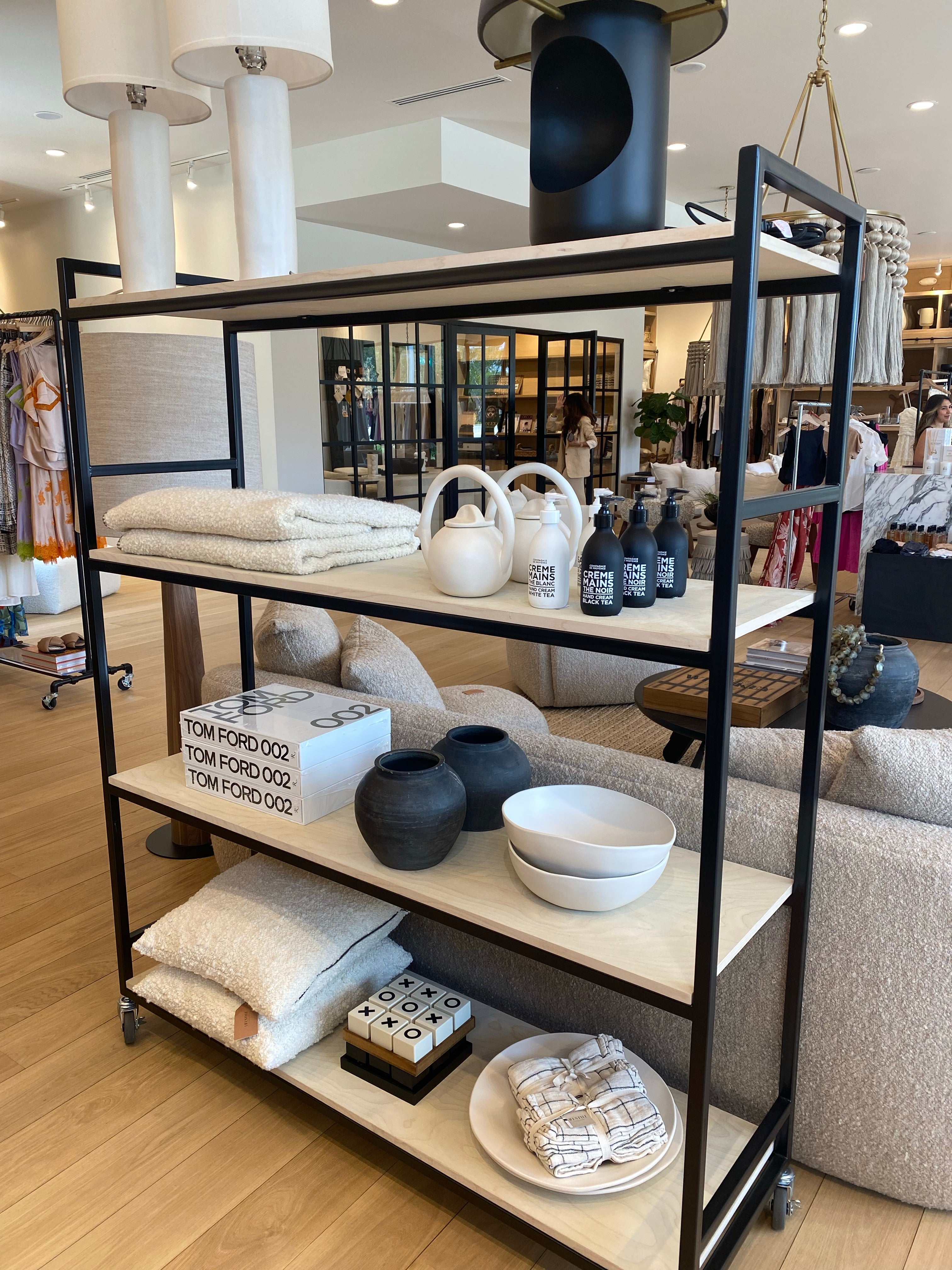 Black and Neutral Wood Rolling Shelving Unit