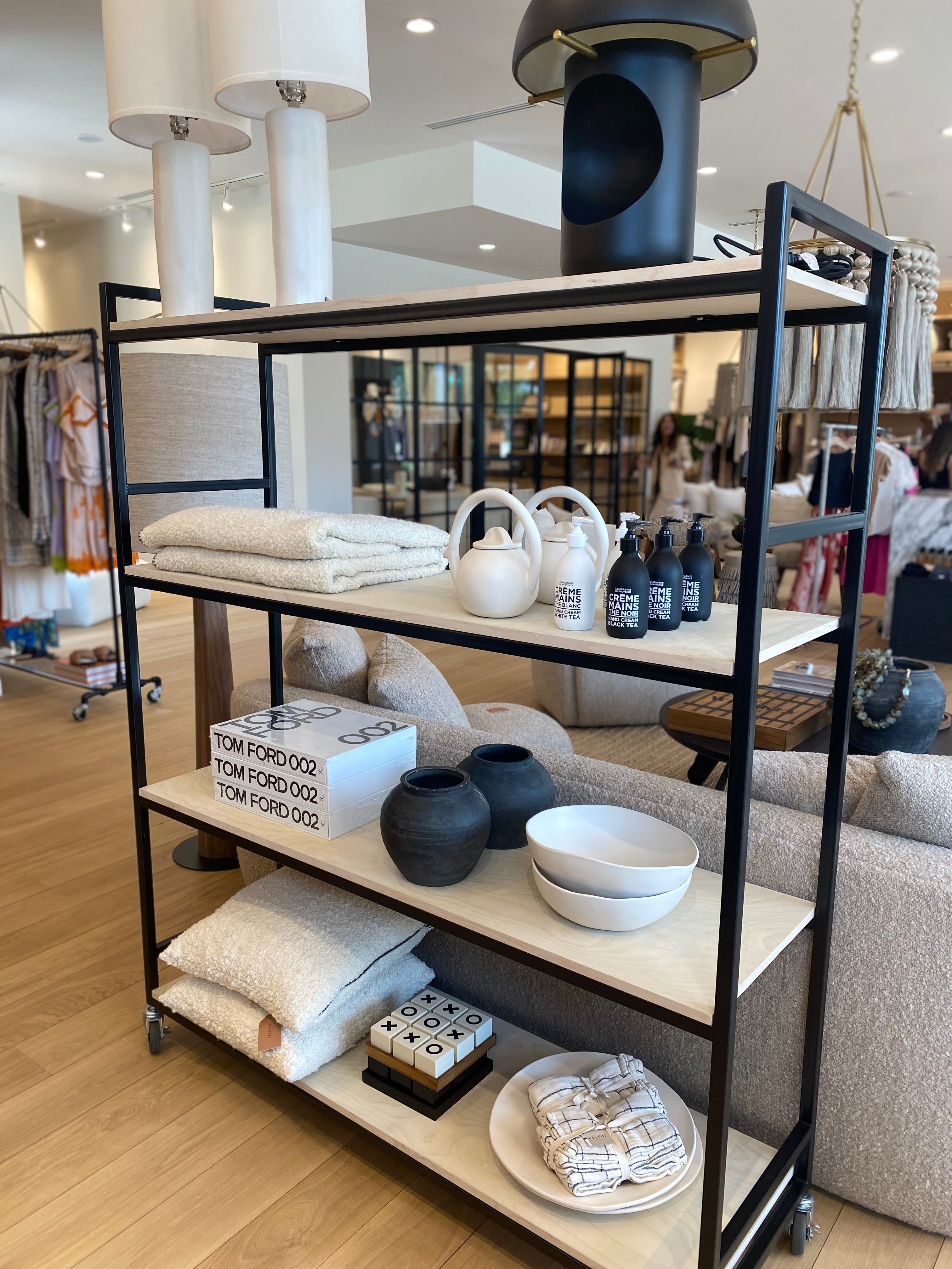 Black and Neutral Wood Rolling Shelving Unit