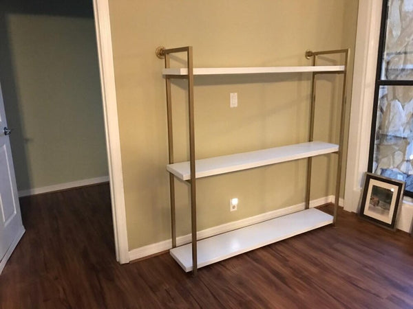 Gold and White Shelves for Shoes and Handbags Retail Display